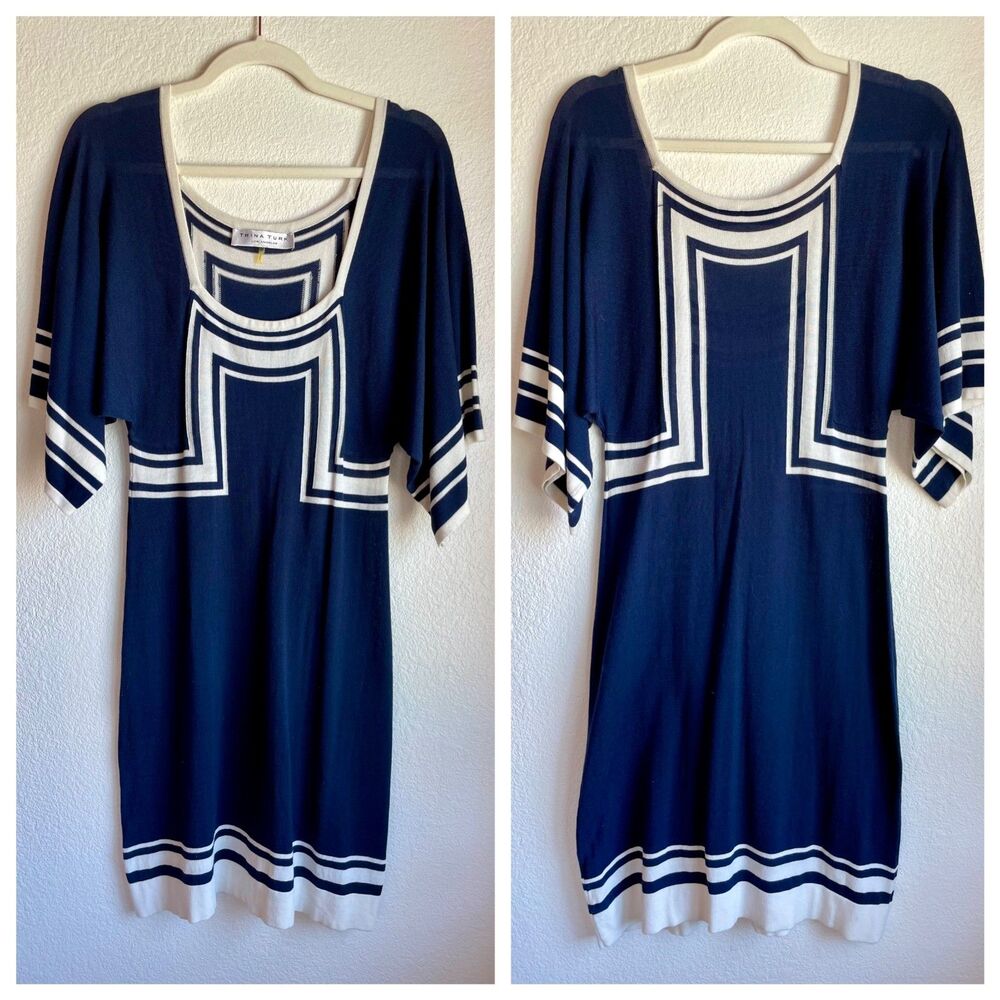 Trina Turk Geometric Knit Sweater Dress with Dolman Sleeves in Navy White Size M